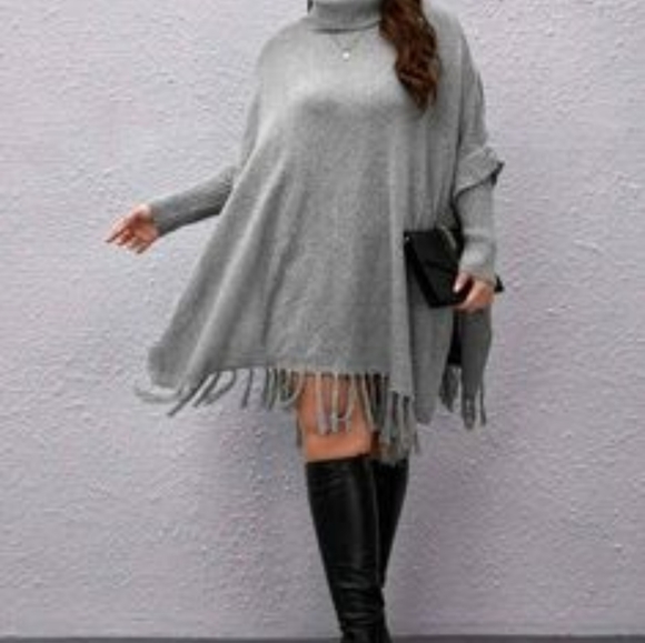Sweaters - Grey Boho Tasselled Poncho Sweater
